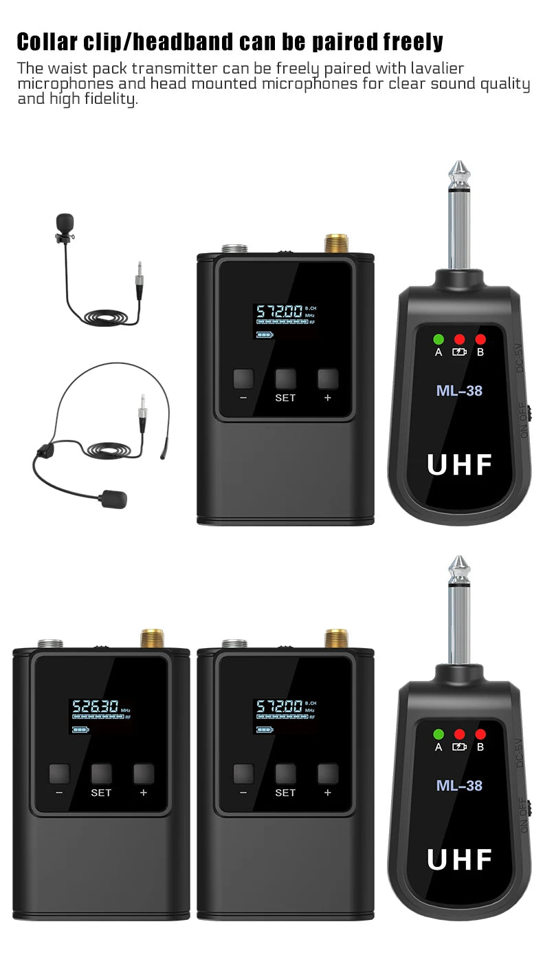 Dual Wireless Microphone System Headset Mic/Stand Mic/Lavalier Lapel Mic with Rechargeable Bodypack Transmitter & Receiver