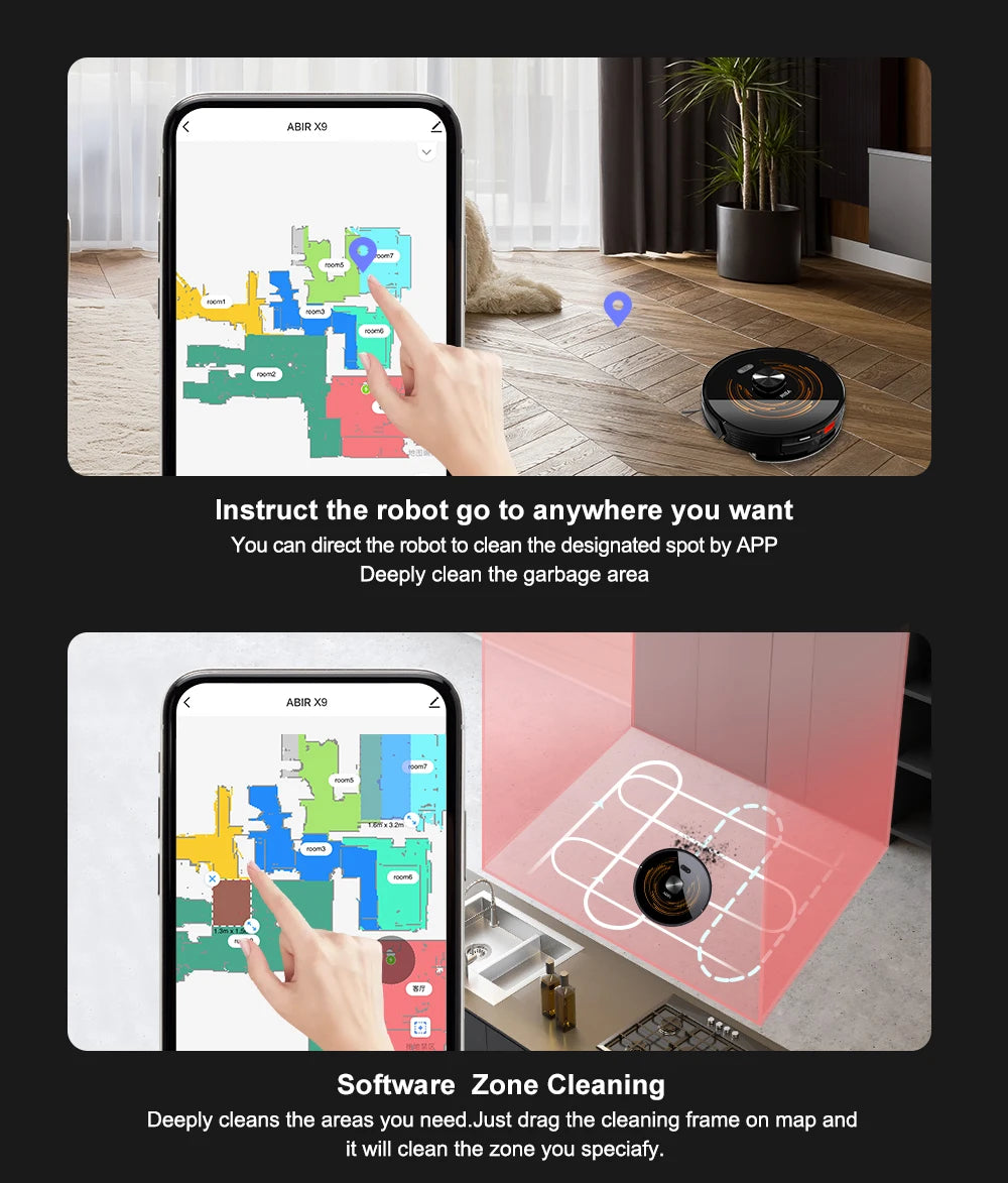 Robot Vacuum Cleaner ABIR X9 ,Laser System,Dual UV Cleaning,Auto Carpet Boost Tech,Multiple Floors Maps,Customized Room Cleaning