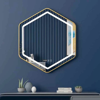 Wholesale Modern Luxury Custom Hexagon Stainless Steel Frame Wall Hanging LED Light Shower Touch Screen Bathroom Smart Mirrors