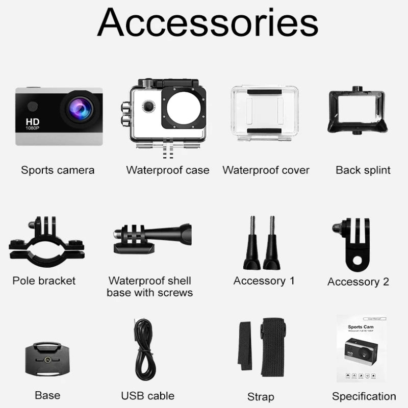 Action Camera 1080P/30FPS 2.0 In IPS Screen 170° Underwater Waterproof Helmet Video Recording Sports Cameras Outdoor Digital Cam