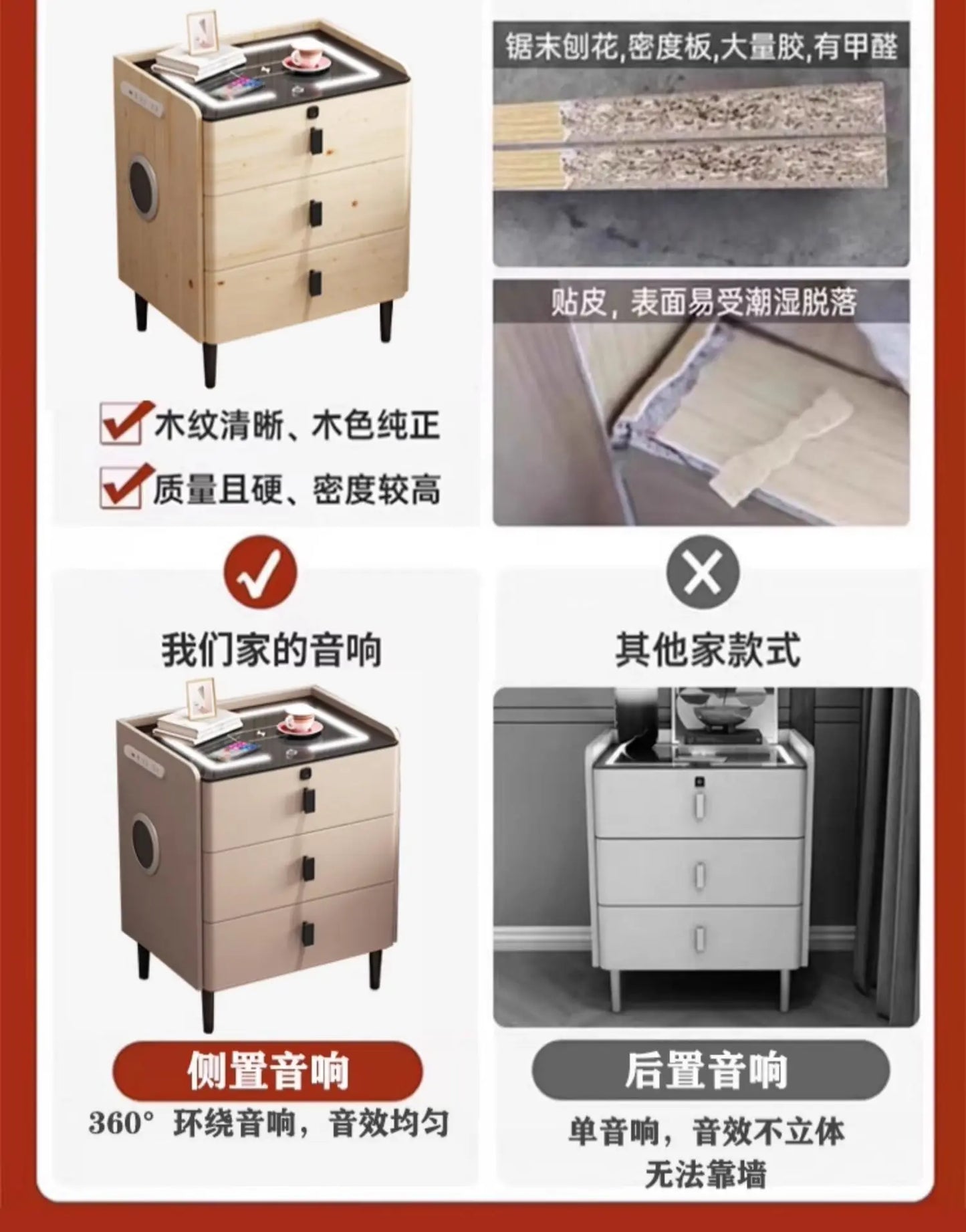 Modern Luxury Bedroom Furniture Foldable Wooden Bedside Table with Smart USB Port Wireless Charger Light Lamp