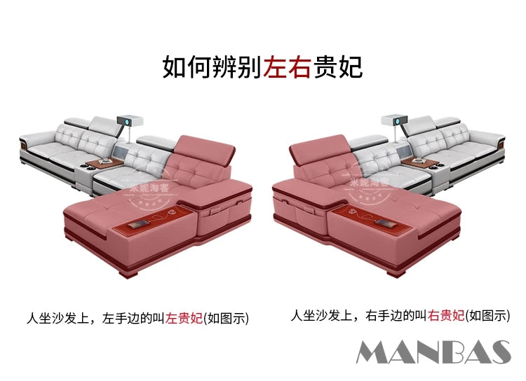 Bluetooth Speaker and Massage Italian Leather Sofa Set with USB, Cup Holder, Adjustable Headrests, Projector Living Room Couch