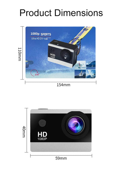 Action Camera 1080P/30FPS 2.0 In IPS Screen 170° Underwater Waterproof Helmet Video Recording Sports Cameras Outdoor Digital Cam