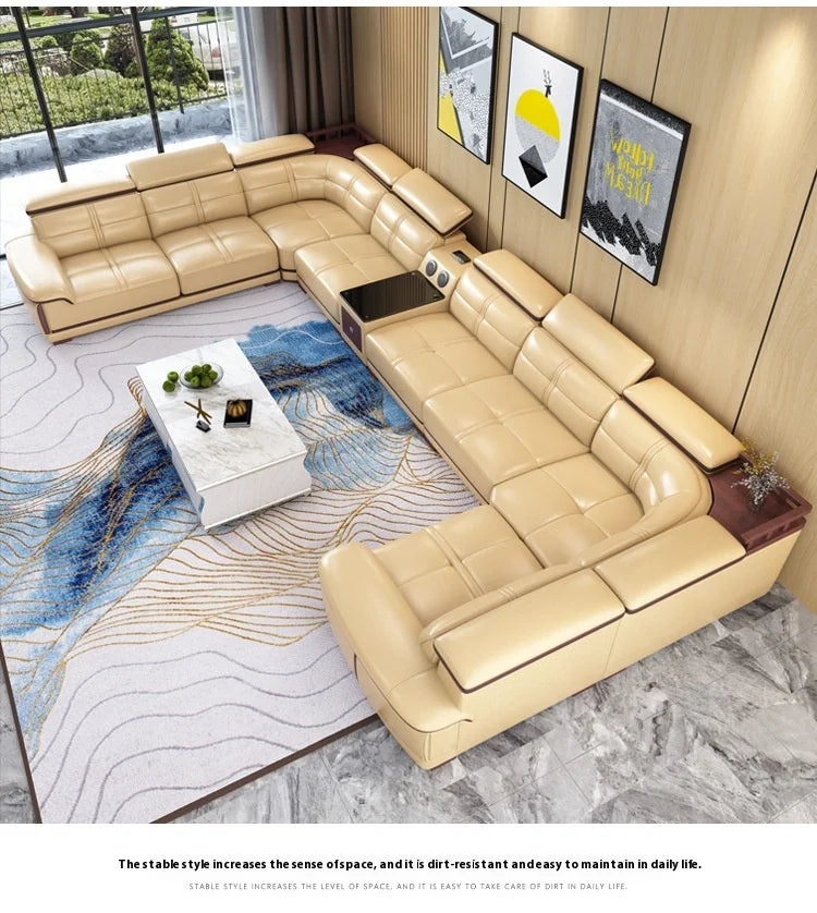 Stylish Italian Genuine Leather Sofa for Living Room with Cup Holder, USB, Adjustable Headrests & Bluetooth Speaker - MANBAS