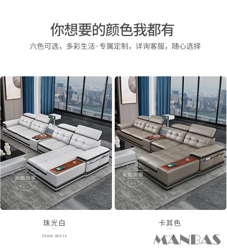 Bluetooth Speaker and Massage Italian Leather Sofa Set with USB, Cup Holder, Adjustable Headrests, Projector Living Room Couch