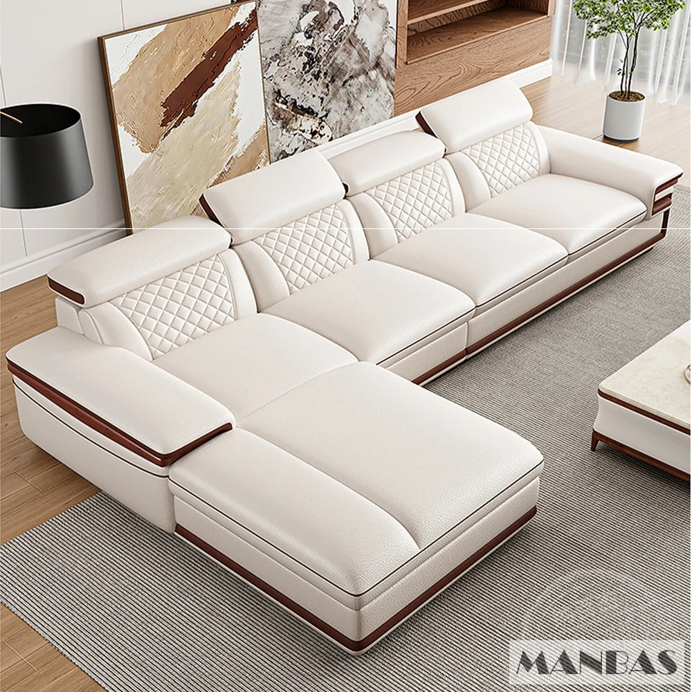 MINGDIBAO Premium Italian Genuine Leather Sofa Set for Living Room with Adjustable Headrests, Bluetooth Speaker, Wireless Charge
