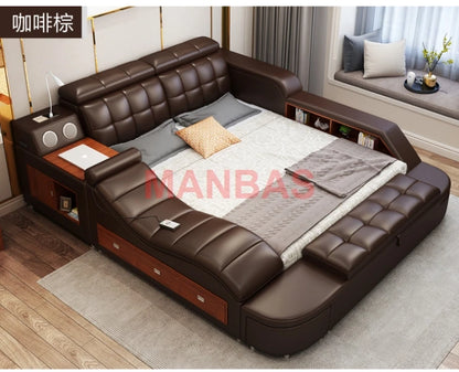 King/Queen Size Multifunctional Bed Tech Smart Beds Ultimate Camas TATAMI Massage Lit Genuine Leather Upholstered Bed with Audio