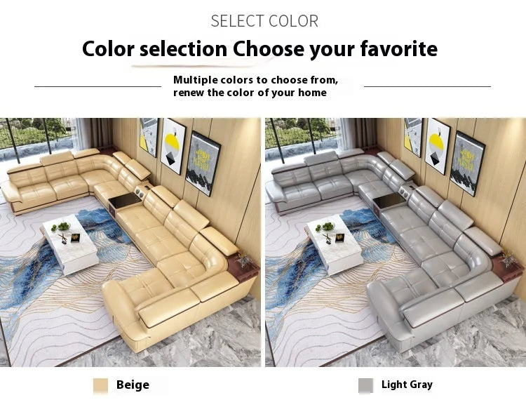 Stylish Italian Genuine Leather Sofa for Living Room with Cup Holder, USB, Adjustable Headrests & Bluetooth Speaker - MANBAS