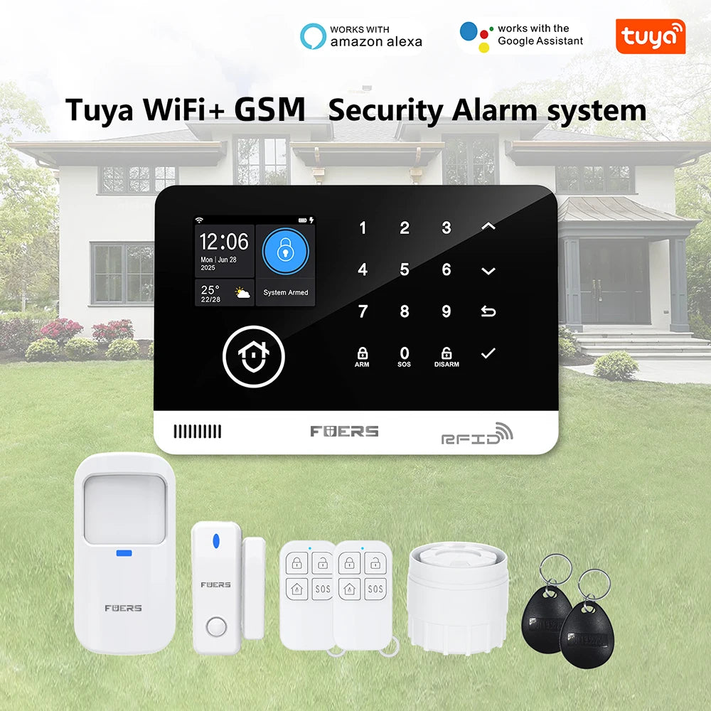 FUERS Alarm System for Home  WIFI GSM Security Alarm Host Ant-theft  with Door Motion Sensor Tuya Smart App control work Alexa