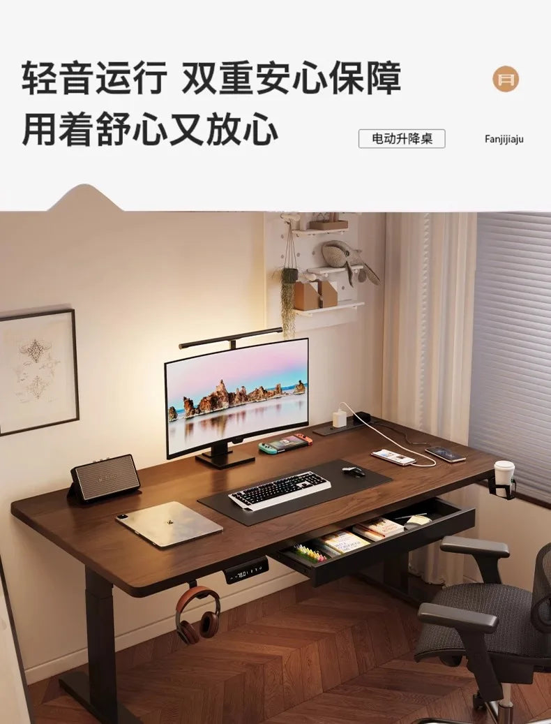 Solid Wood Electric Standing Desk with Drawers Smart Height Adjustable Gaming Computer Workstation for Home Study Office