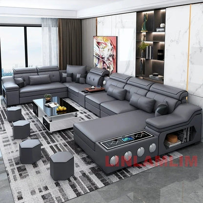 Linlamlim Modern Scientific Fabric Sectional Sofa Set with Chaise Lounge, Bluetooth Speakers, USB Charging Ports for Living Room