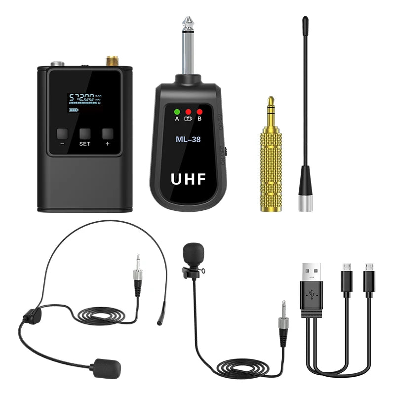 Dual Wireless Microphone System Headset Mic/Stand Mic/Lavalier Lapel Mic with Rechargeable Bodypack Transmitter & Receiver