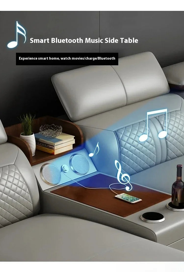 Stylish Italian Genuine Leather Sofa for Living Room with Cup Holder, USB, Adjustable Headrests & Bluetooth Speaker - MANBAS