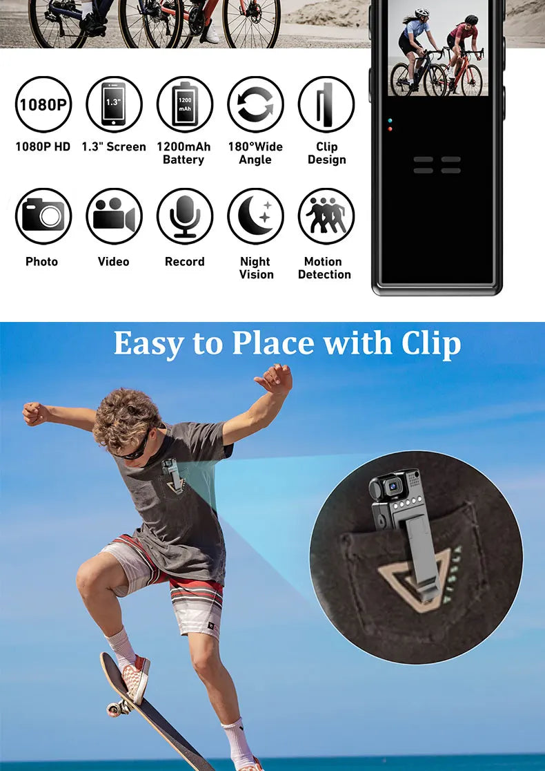 JOZUZE 1.3inch Screen 1080P Sports HD Mini Camera Portable Digital Video Recorder BodyCam Infrared Night Vision Police Camcorder