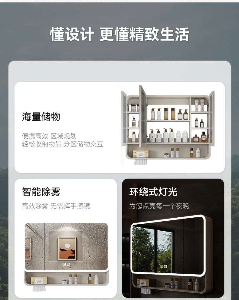 Aluminum Alloy Bathroom Mirror Cabinet Smart Makeup Mirror with Lights  Anti-Fog Wall-Mounted Vanity Cabinet Storage Mirror