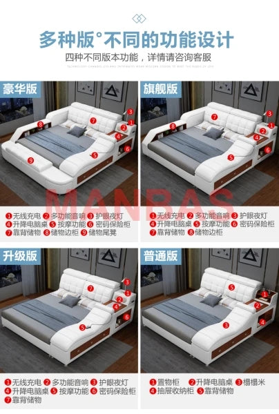 King/Queen Size Multifunctional Bed Tech Smart Beds Ultimate Camas TATAMI Massage Lit Genuine Leather Upholstered Bed with Audio