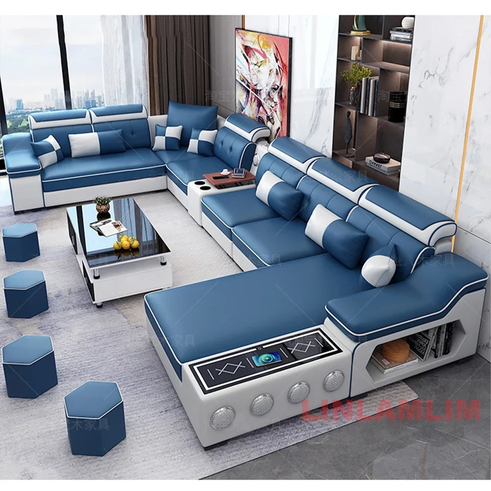 Linlamlim Modern Scientific Fabric Sectional Sofa Set with Chaise Lounge, Bluetooth Speakers, USB Charging Ports for Living Room