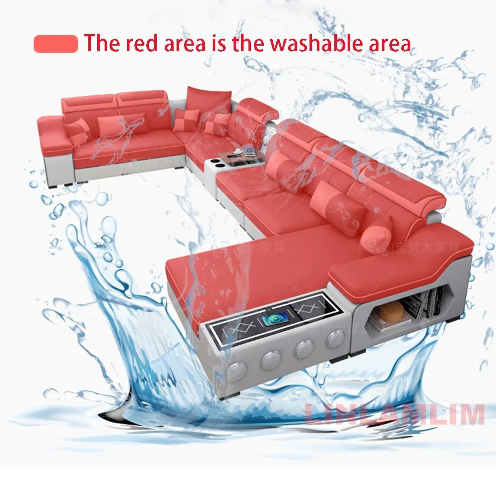 Linlamlim Modern Scientific Fabric Sectional Sofa Set with Chaise Lounge, Bluetooth Speakers, USB Charging Ports for Living Room