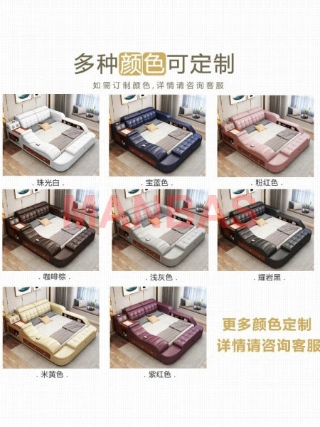 King/Queen Size Multifunctional Bed Tech Smart Beds Ultimate Camas TATAMI Massage Lit Genuine Leather Upholstered Bed with Audio