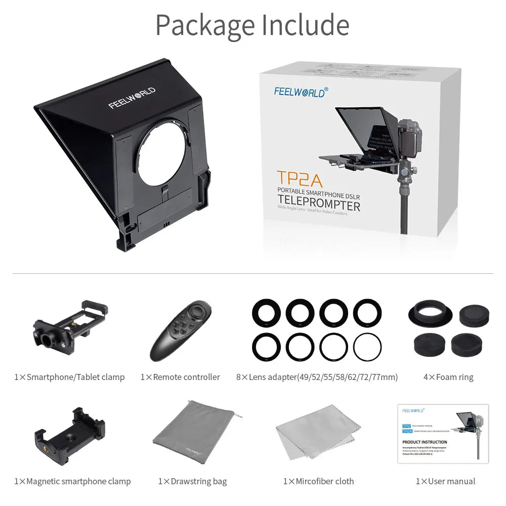 FEELWORLD TP2A 8 inch Mini Teleprompter Portable Supports Under Smartphone Tablet Prompting DSLR Camera Bluetooth