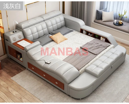 King/Queen Size Multifunctional Bed Tech Smart Beds Ultimate Camas TATAMI Massage Lit Genuine Leather Upholstered Bed with Audio