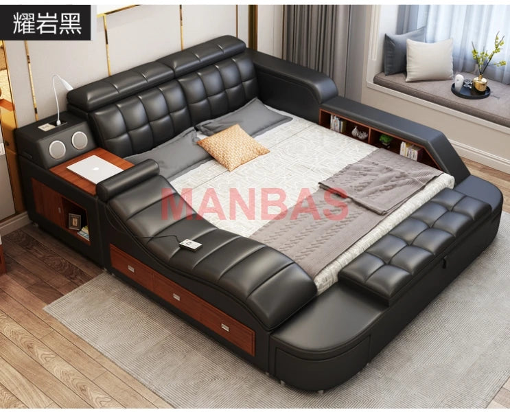 King/Queen Size Multifunctional Bed Tech Smart Beds Ultimate Camas TATAMI Massage Lit Genuine Leather Upholstered Bed with Audio