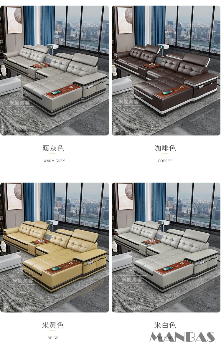 Bluetooth Speaker and Massage Italian Leather Sofa Set with USB, Cup Holder, Adjustable Headrests, Projector Living Room Couch