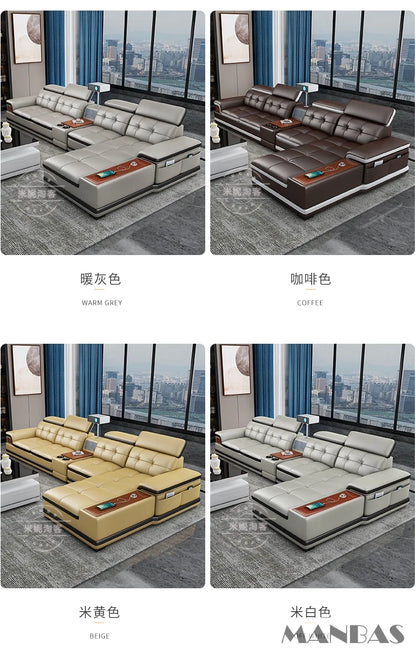 Bluetooth Speaker and Massage Italian Leather Sofa Set with USB, Cup Holder, Adjustable Headrests, Projector Living Room Couch