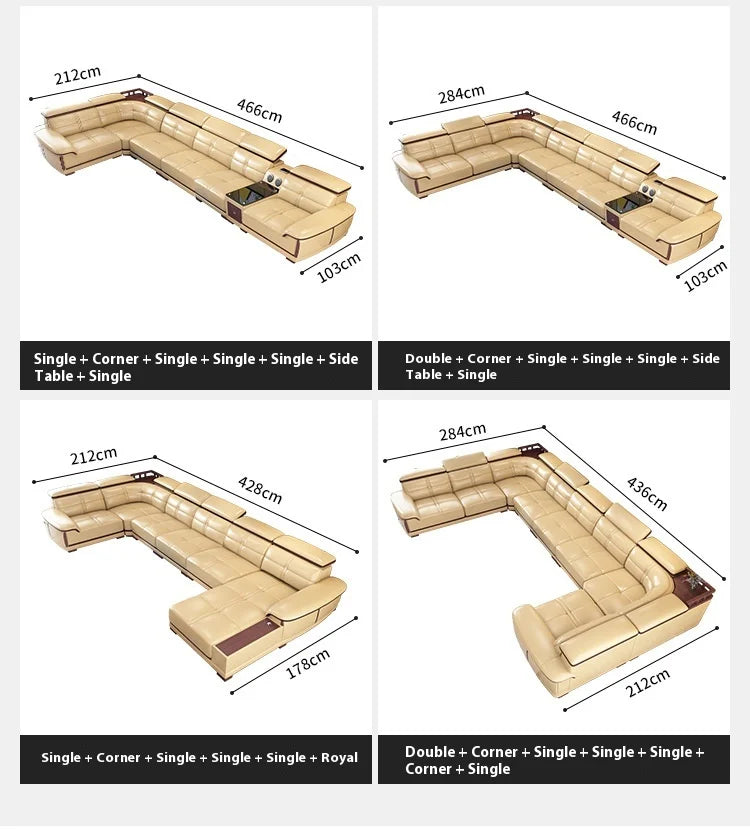 Stylish Italian Genuine Leather Sofa for Living Room with Cup Holder, USB, Adjustable Headrests & Bluetooth Speaker - MANBAS