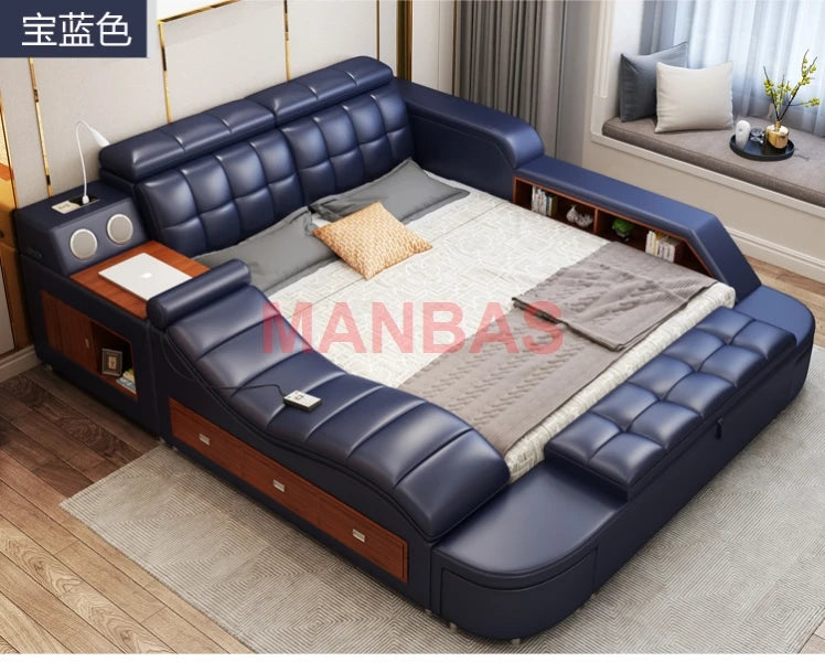 King/Queen Size Multifunctional Bed Tech Smart Beds Ultimate Camas TATAMI Massage Lit Genuine Leather Upholstered Bed with Audio