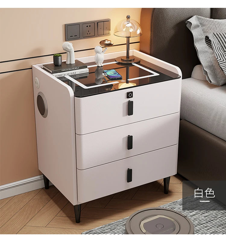 Modern Luxury Bedroom Furniture Foldable Wooden Bedside Table with Smart USB Port Wireless Charger Light Lamp
