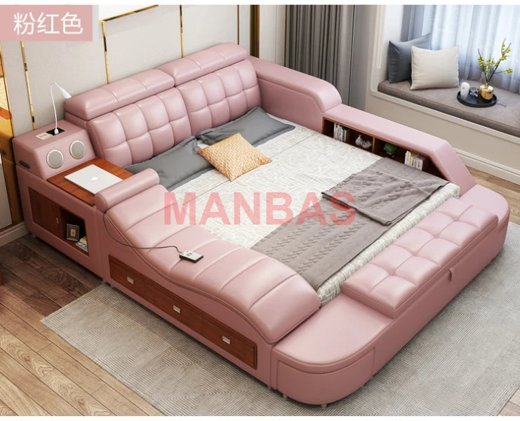 King/Queen Size Multifunctional Bed Tech Smart Beds Ultimate Camas TATAMI Massage Lit Genuine Leather Upholstered Bed with Audio