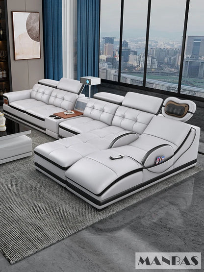 Bluetooth Speaker and Massage Italian Leather Sofa Set with USB, Cup Holder, Adjustable Headrests, Projector Living Room Couch