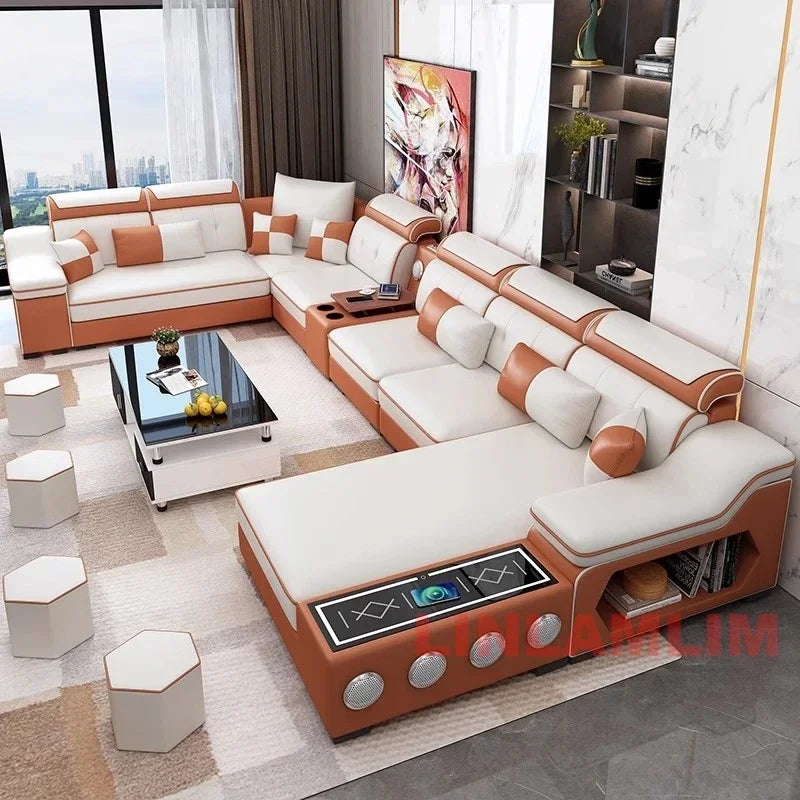 Linlamlim Modern Scientific Fabric Sectional Sofa Set with Chaise Lounge, Bluetooth Speakers, USB Charging Ports for Living Room