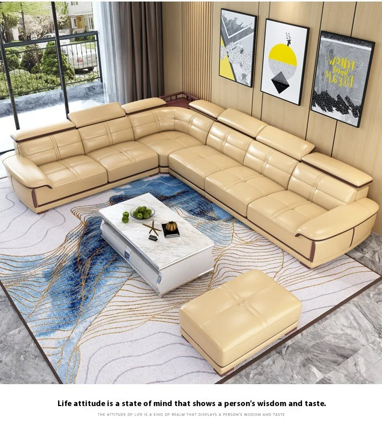 Stylish Italian Genuine Leather Sofa for Living Room with Cup Holder, USB, Adjustable Headrests & Bluetooth Speaker - MANBAS