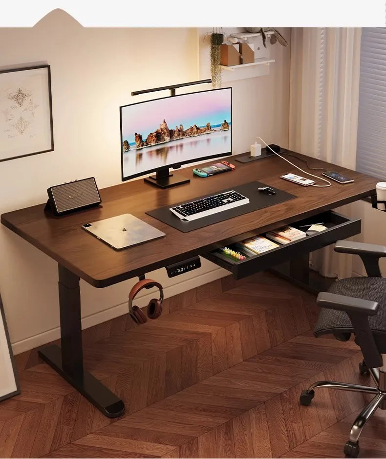 Solid Wood Electric Standing Desk with Drawers Smart Height Adjustable Gaming Computer Workstation for Home Study Office