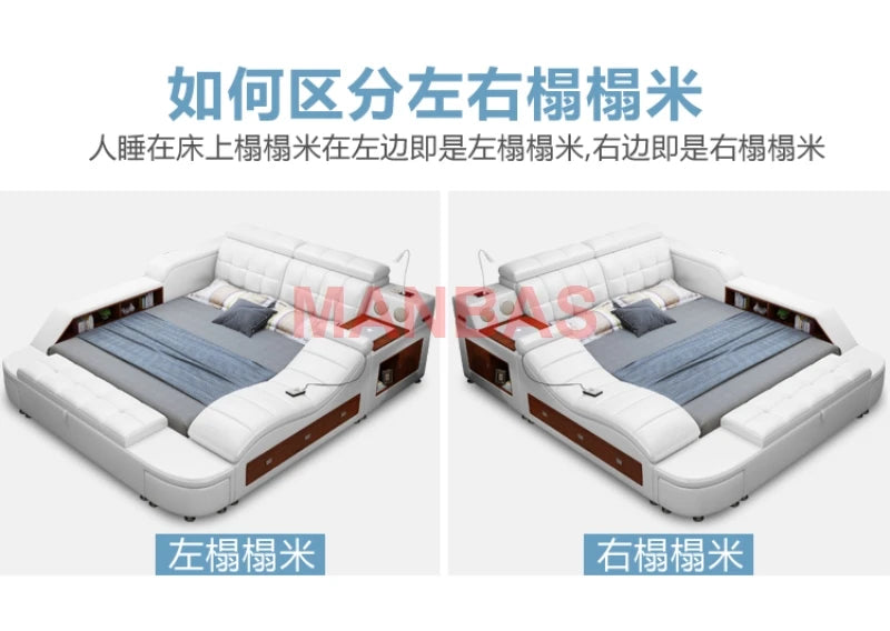 King/Queen Size Multifunctional Bed Tech Smart Beds Ultimate Camas TATAMI Massage Lit Genuine Leather Upholstered Bed with Audio