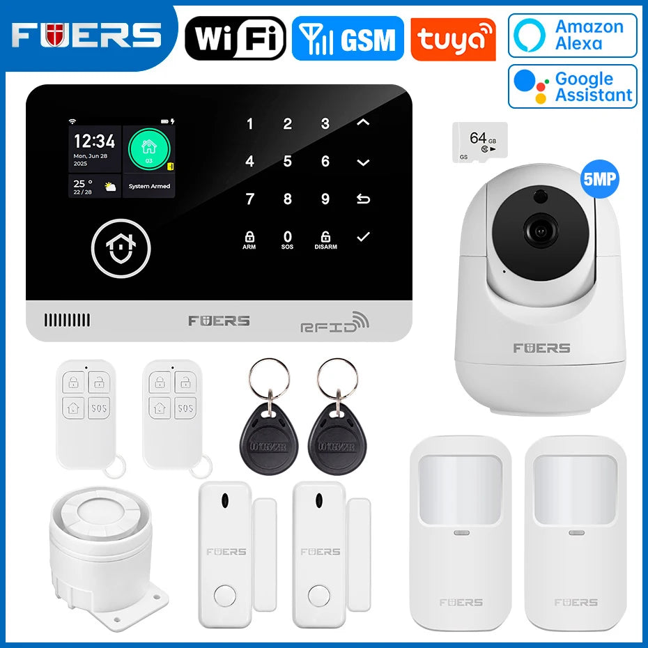FUERS Alarm System for Home  WIFI GSM Security Alarm Host Ant-theft  with Door Motion Sensor Tuya Smart App control work Alexa