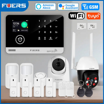 FUERS Alarm System for Home  WIFI GSM Security Alarm Host Ant-theft  with Door Motion Sensor Tuya Smart App control work Alexa