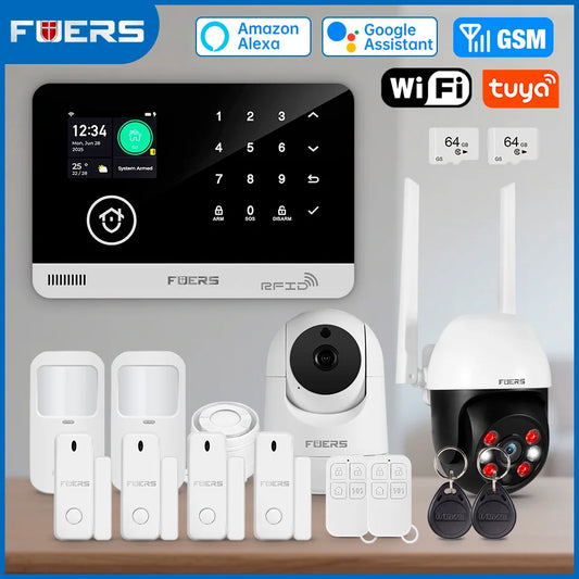FUERS Alarm System for Home  WIFI GSM Security Alarm Host Ant-theft  with Door Motion Sensor Tuya Smart App control work Alexa