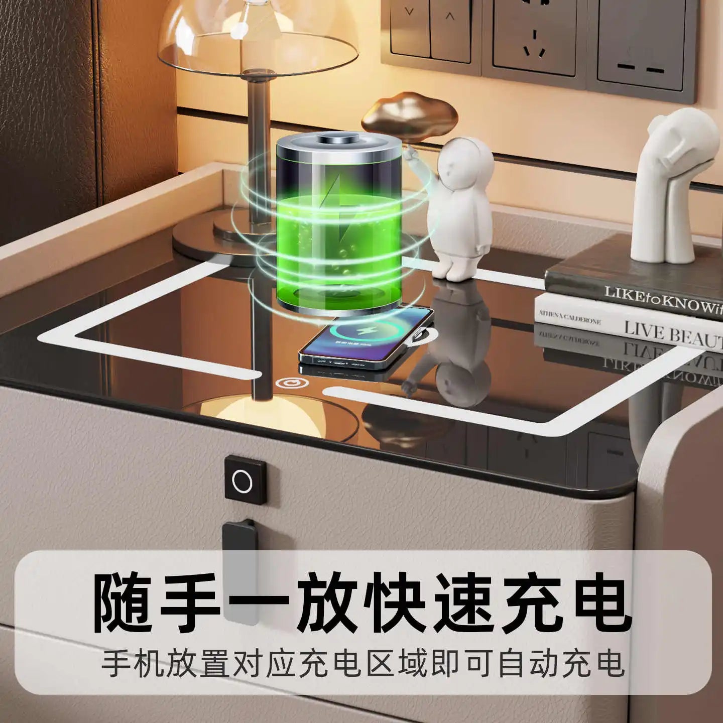 Modern Luxury Bedroom Furniture Foldable Wooden Bedside Table with Smart USB Port Wireless Charger Light Lamp