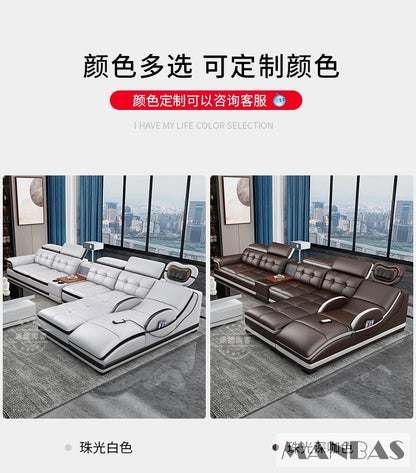 Bluetooth Speaker and Massage Italian Leather Sofa Set with USB, Cup Holder, Adjustable Headrests, Projector Living Room Couch