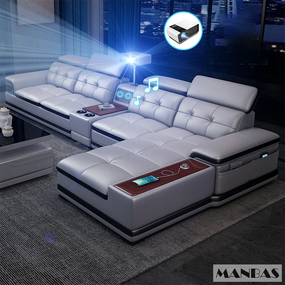 Bluetooth Speaker and Massage Italian Leather Sofa Set with USB, Cup Holder, Adjustable Headrests, Projector Living Room Couch