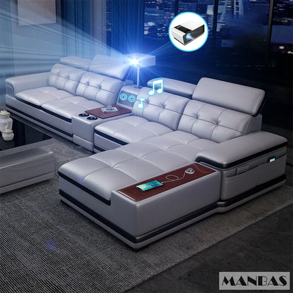 Bluetooth Speaker and Massage Italian Leather Sofa Set with USB, Cup Holder, Adjustable Headrests, Projector Living Room Couch