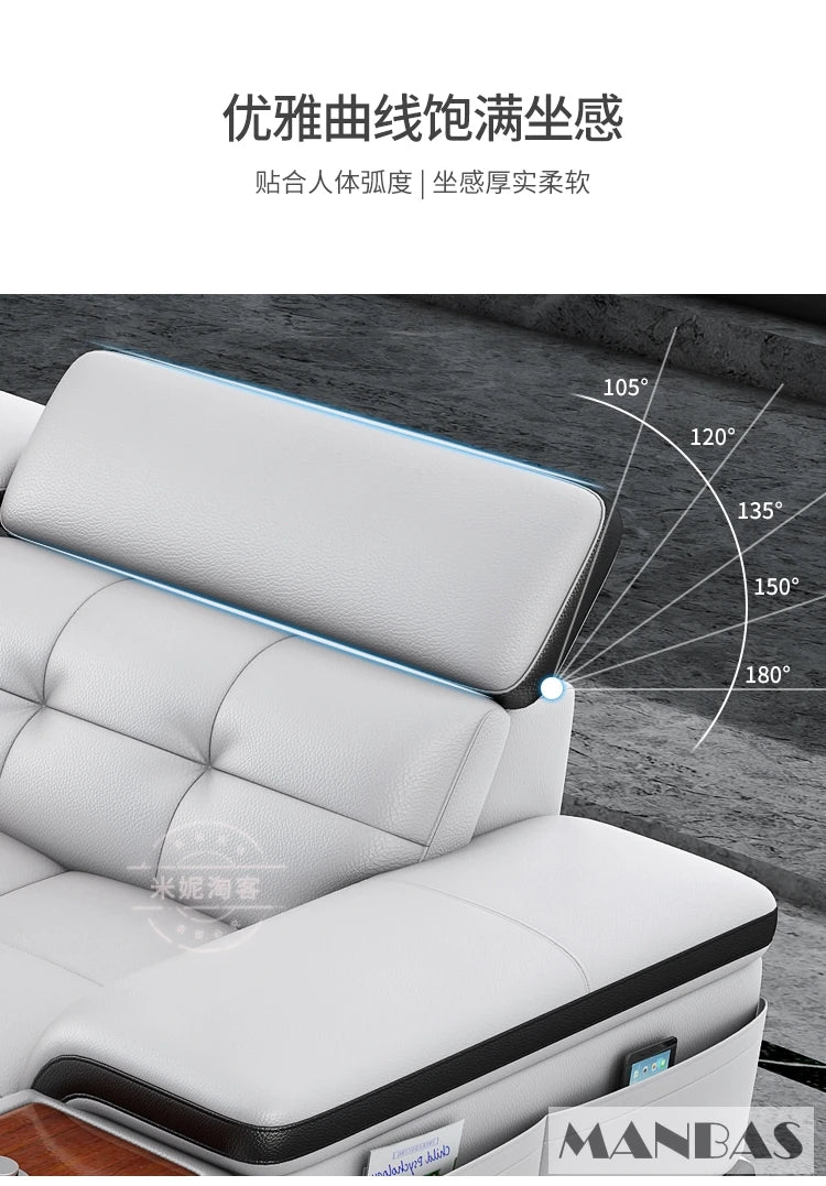 Bluetooth Speaker and Massage Italian Leather Sofa Set with USB, Cup Holder, Adjustable Headrests, Projector Living Room Couch