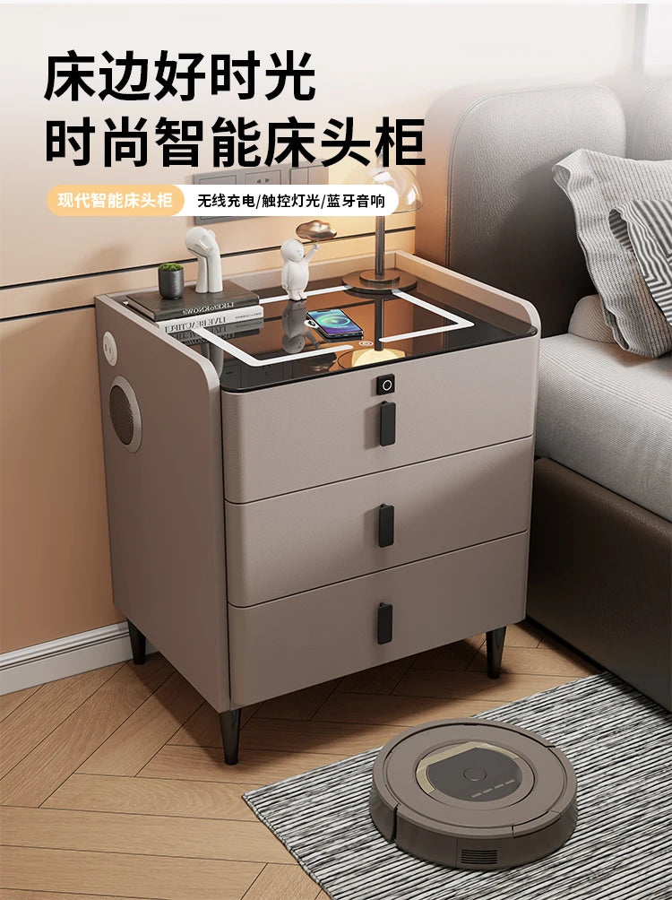 Modern Luxury Bedroom Furniture Foldable Wooden Bedside Table with Smart USB Port Wireless Charger Light Lamp