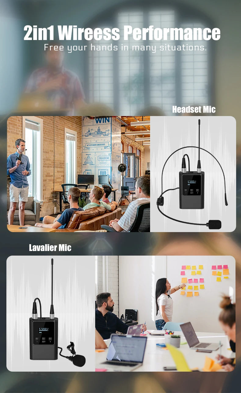 Dual Wireless Microphone System Headset Mic/Stand Mic/Lavalier Lapel Mic with Rechargeable Bodypack Transmitter & Receiver