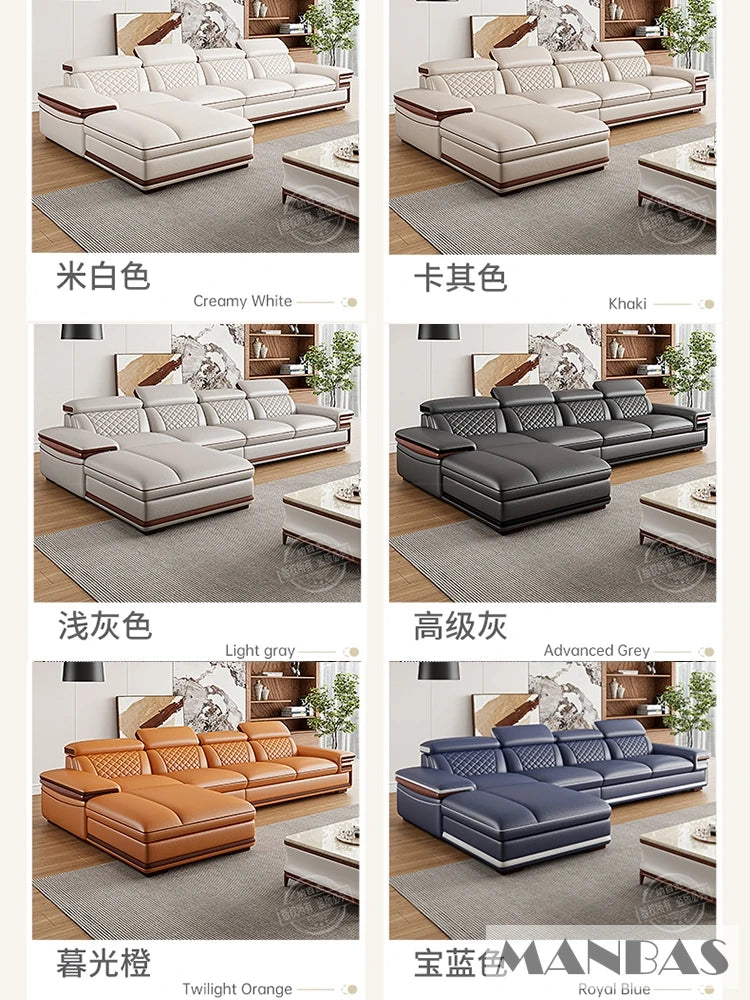 MINGDIBAO Premium Italian Genuine Leather Sofa Set for Living Room with Adjustable Headrests, Bluetooth Speaker, Wireless Charge