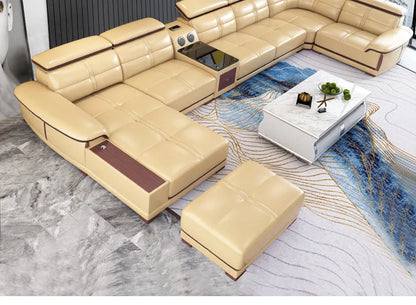 Stylish Italian Genuine Leather Sofa for Living Room with Cup Holder, USB, Adjustable Headrests & Bluetooth Speaker - MANBAS