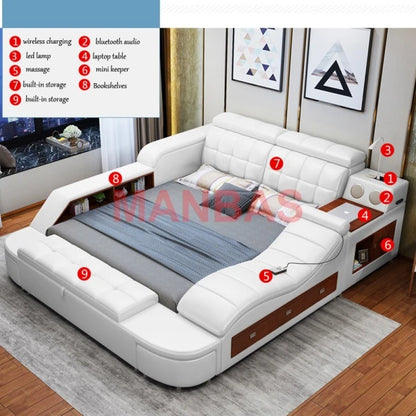 King/Queen Size Multifunctional Bed Tech Smart Beds Ultimate Camas TATAMI Massage Lit Genuine Leather Upholstered Bed with Audio